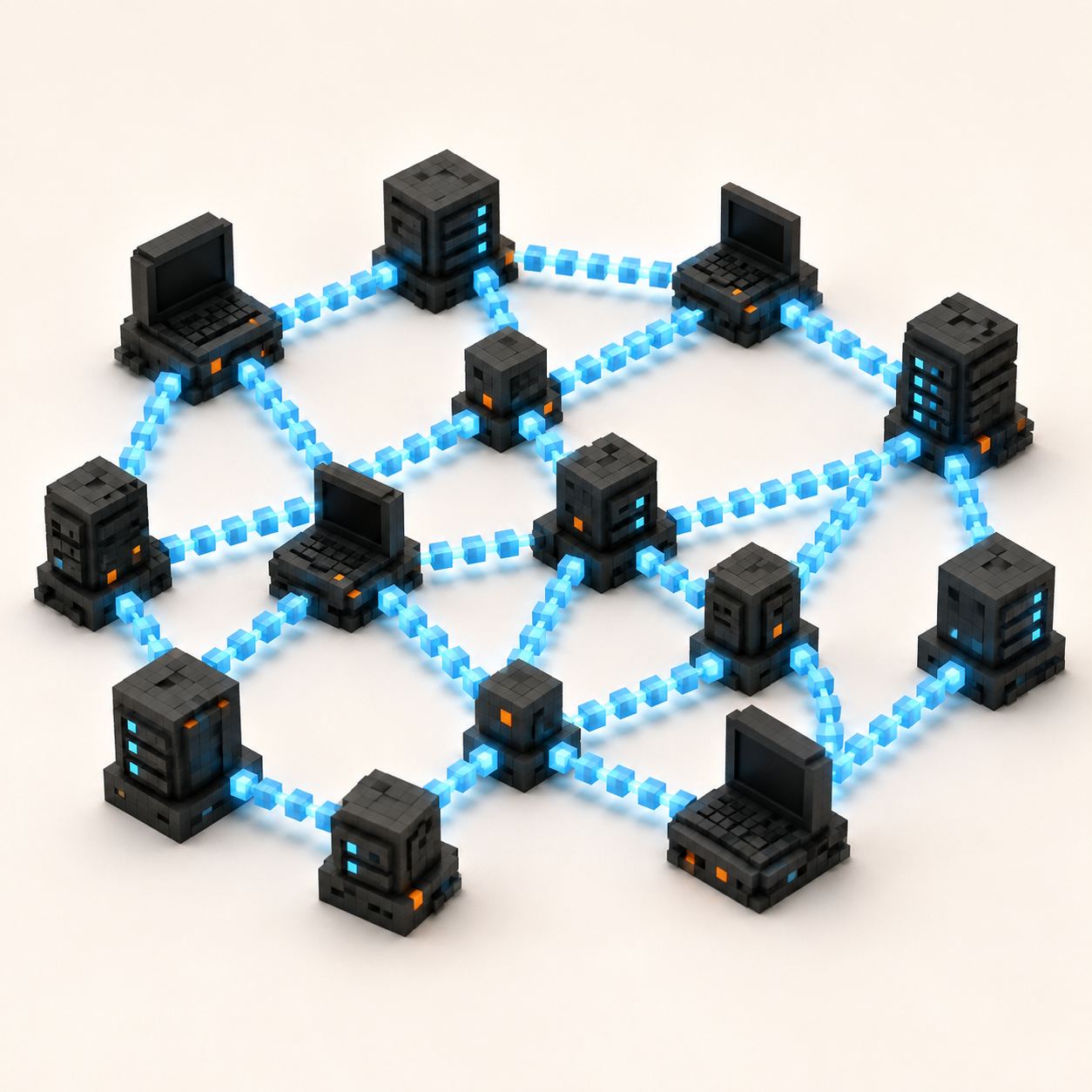 Voxel computers connected in a decentralized peer-to-peer network